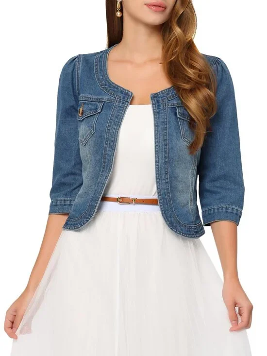 🆕 Denim Jacket for Women's Collarless Cardigan 3/4 Sleeve Crop Jean Jackets - Picture 7 of 7